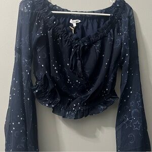 Free The Roses Stars Moon long‎ sleeve crop top blouse NWT Large